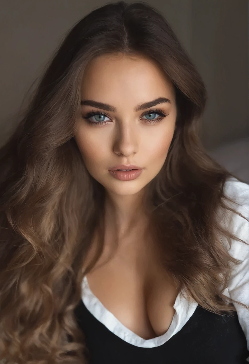 Femme arafed avec des vêtements noirs, fille sexy aux yeux bruns, Portrait de Sophie Mudd, cheveux bruns et grands yeux, Selfie d’une jeune femme, Yeux de chambre, sans maquillage, Maquillage naturel, Regarder directement la caméra, Visage avec Artgram, Maquillage subtil, Superbe photo du corps entier, dans la chambre, clivage, sexy regard