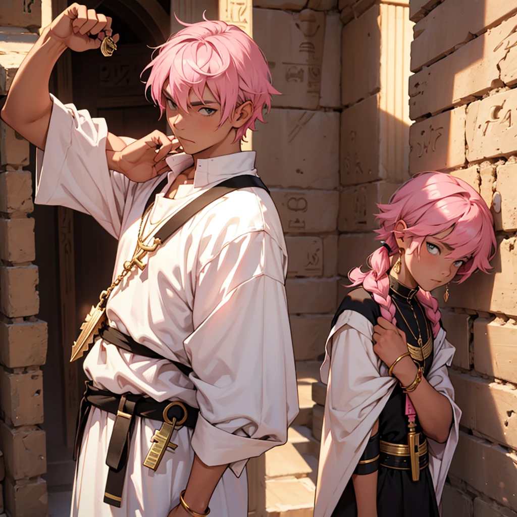The hero with short pink hair, adolescent, Egyptian white clothing, pink and black. Egyptian golden key holder