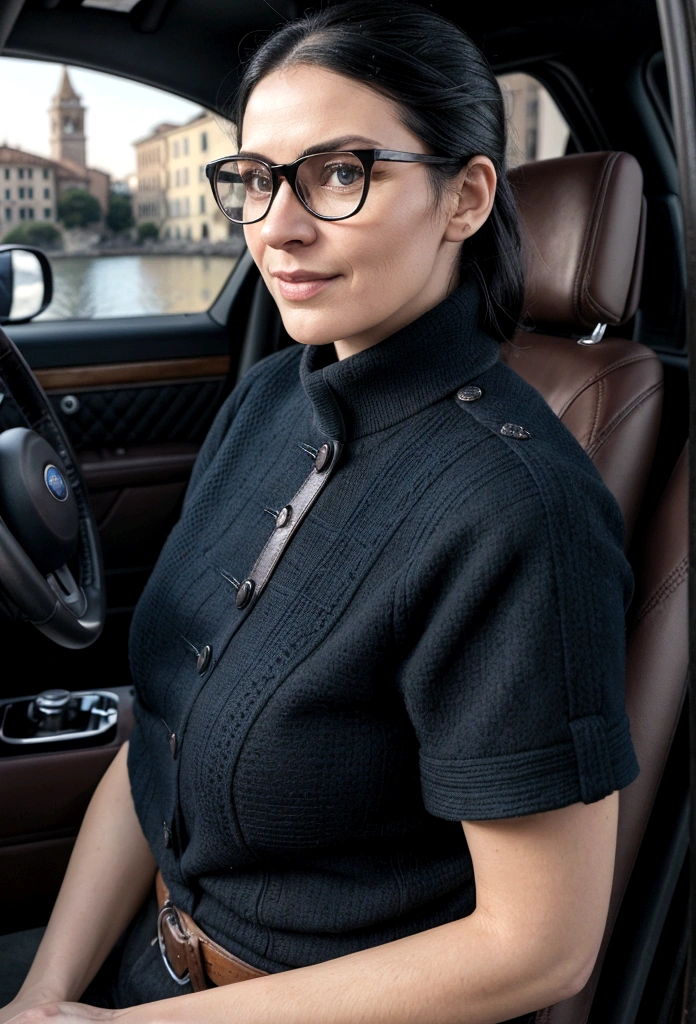 best quality, complete landscape, detailed textures, vibrant and natural colors, high photographic quality, A woman, 27 years old, white, medium black hair, wearing prescription glasses. Driving his Classic Ford Broncos, navy blue with caramel leather seats, in a city in the interior of Italy. Transformar em imagem estilo Pixar