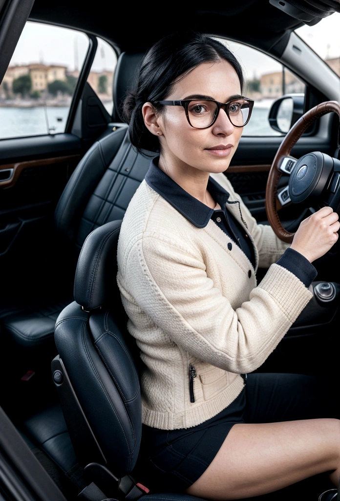 best quality, complete landscape, detailed textures, vibrant and natural colors, high photographic quality, A woman, 27 years old, white, medium black hair, wearing prescription glasses. Driving his Classic Ford Broncos, navy blue with caramel leather seats, in a city in the interior of Italy. Transformar em imagem estilo Pixar