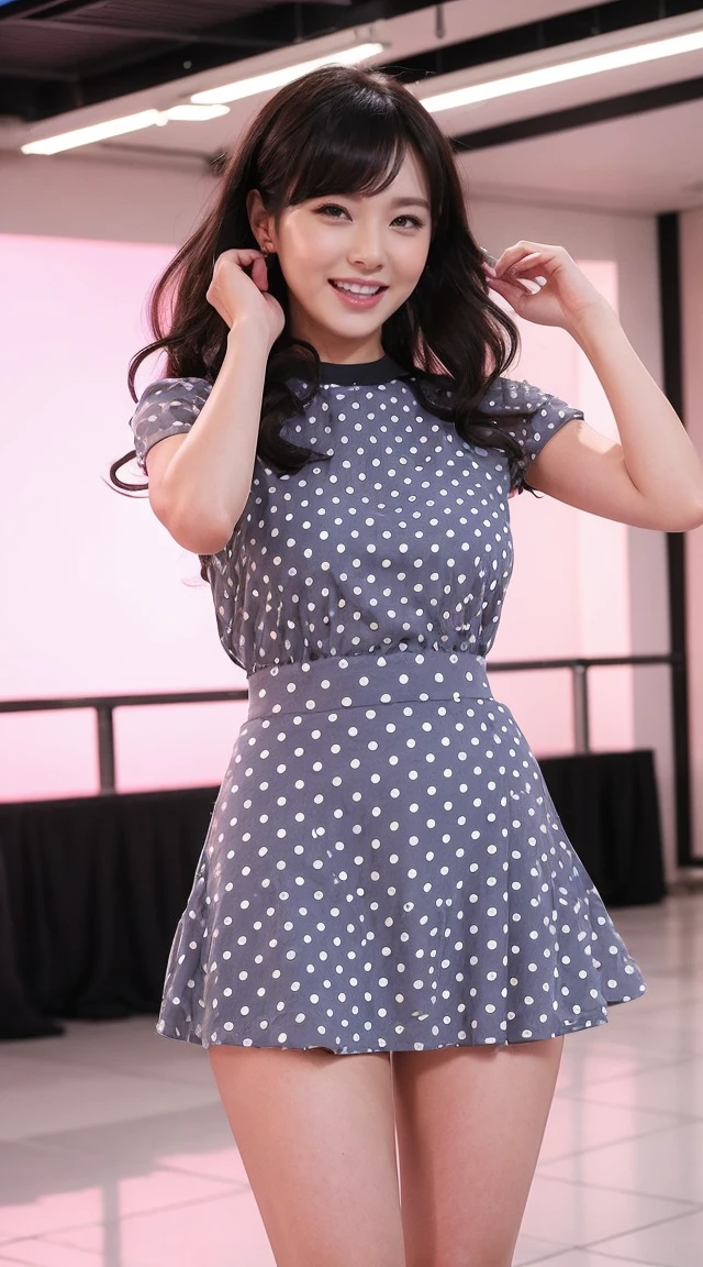 become close,Sharp lines,Highest quality, masterpiece、Overnight parking、Dark Light、Canon Photo Crystal Clear ,（Realistically:1.2）, (Polka dot mini skirt dress)、Action pose、Take a full body photo、((((blush, open mouth、smile))))、Gorgeous appearance、Curly Hair
