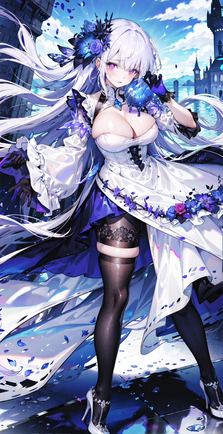 ((masterpiece:1.4,best quality)),(Super detailed),(Extremely detailed eyes),(Shiny socks:1.5),Hello Darkness
(Cute girls),,(Blood-red pupils,Diamond-shaped pupil:1.15),Purple Eyeshadow,(elongated hair,Thick hair,Single ponytail,shiny hair:1.5)(Changes through:1.2),despair,sad,Empty eyes,tears streaming down my face,tilting its head to the side,
(She wore a blue dress,:1.5),(Black gloves:1.4)Very long plush sleeves,White,White Cloud,Dream bubbles ,Ice and glitter effects
(Black long skirt:1.1),
((Starry Sky:1.2)),
(Intense black and white:1.16),(Depth of Field:1.4),,Intricate details,(((Detailed background,Castle in the Sky,Purple flowers by the lake))),(((Huge breasts,Bare breasts,Deep cleavage,White stiletto high heels,Transparent clothes)))