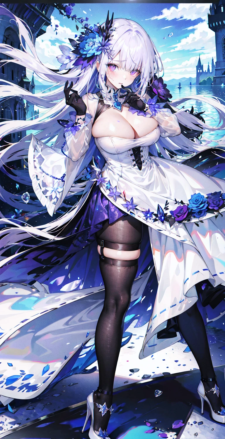 ((masterpiece:1.4,best quality)),(Super detailed),(Extremely detailed eyes),(Shiny socks:1.5),Hello Darkness
(Cute girls),,(Blood-red pupils,Diamond-shaped pupil:1.15),Purple Eyeshadow,(elongated hair,Thick hair,Single ponytail,shiny hair:1.5)(Changes through:1.2),despair,sad,Empty eyes,tears streaming down my face,tilting its head to the side,
(She wore a blue dress,:1.5),(Black gloves:1.4)Very long plush sleeves,White,White Cloud,Dream bubbles ,Ice and glitter effects
(Black long skirt:1.1),
((Starry Sky:1.2)),
(Intense black and white:1.16),(Depth of Field:1.4),,Intricate details,(((Detailed background,Castle in the Sky,Purple flowers by the lake))),(((Huge breasts,Bare breasts,Deep cleavage,White stiletto high heels,Transparent clothes)))