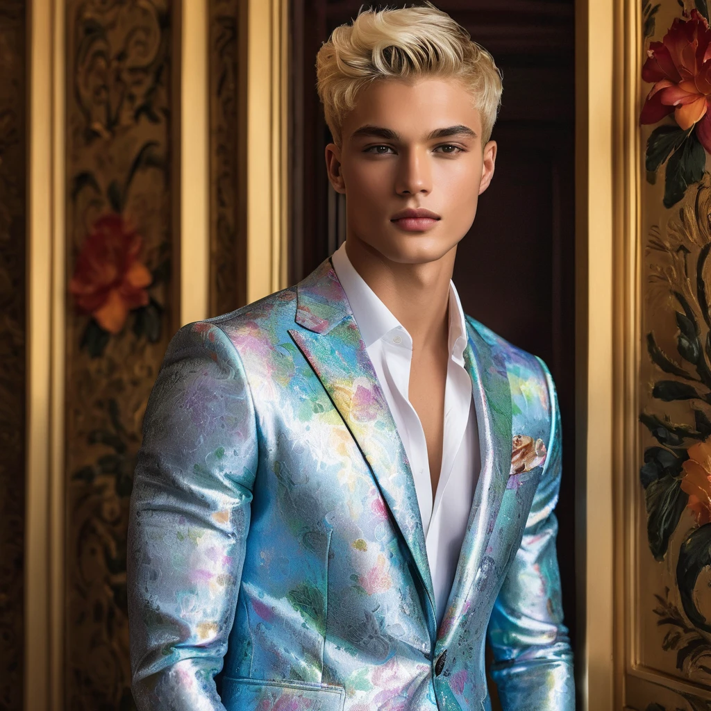 Candid Vogue fashion editorial shot of 2man mixed of male supermodel, 22 year old, short platinum blonde hair, masculine appearance with slender physique, symmetric face, natural olive skin tone, exudes youthfulness and athleticism, he is very photogenic, Position against an ornate dark background featuring a framed floral painting wallpaper to add depth and richness to the scene, (He wears a luxurious white and rainbow patterned suit whit short pants), semi hard bulge, expression is serene and slightly introspective, with a soft confident gaze directed slightly off-camera, Utilize natural soft lighting streaming in from a window, casting gentle highlights and shadows that accentuate the contours of his face and the texture of his outfits, The light creates a warm intimate atmosphere with a golden tone that enhances his skin, The interplay of light and shadow adds depth and dimension to the scene, slightly blurred focus background, bringing into sharp clear detail while the rich tones of the background enhance the overall opulence of the image. Capture full-body short, dynamic angle, using a Canon EOS R7 and Sigma AF 85mm F1.4 EX DG HSM lens by Thomas Synnamon, Employ a shallow depth of field to focus on his face and body, Draw inspiration from high-fashion photographer, emphasize detail, texture and a sophisticated luxurious atmosphere, Emphasize the golden warm lighting and its effect on enhancing his features and the rich textures, creating a visually captivating and elegant portrait that exudes warmth and sophistication, The overall mood blend the classical elegance of the modern, high-fashion aesthetic, producing an image that feels both timeless and contemporary, raw photo, masterpiece, best quality, Correct body structure, Correct photo distance, LGBTQ,