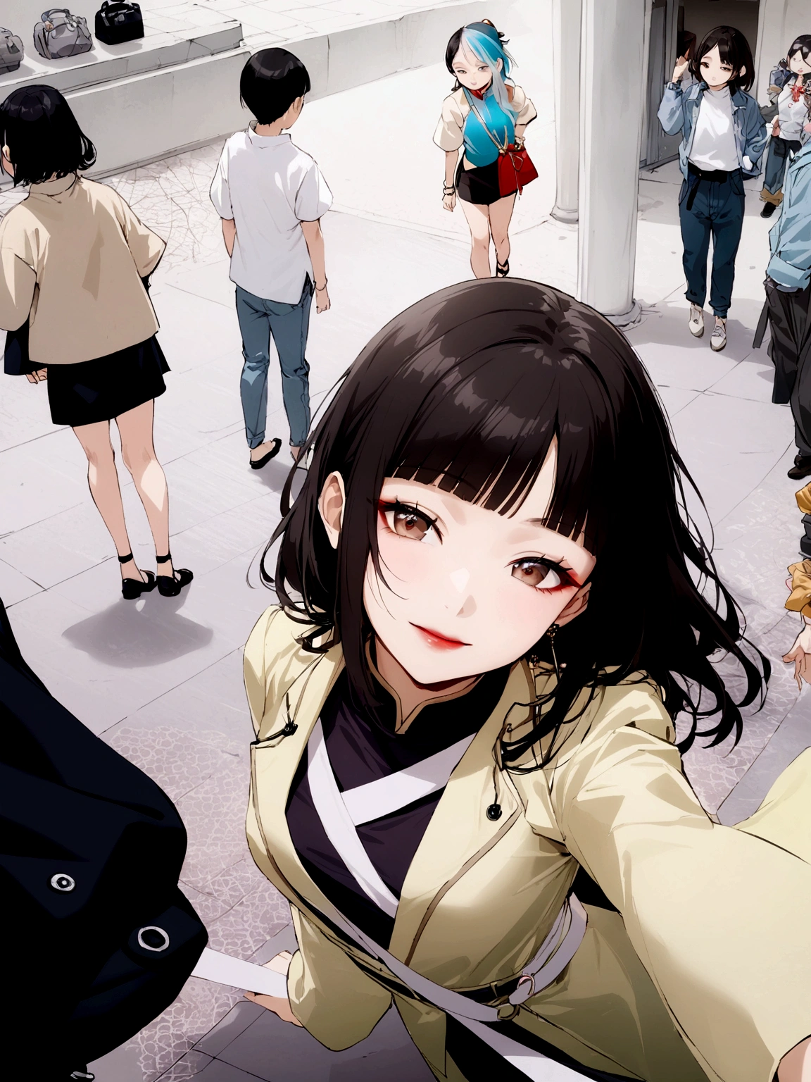 girl,whole body,(Delicate face:1.2), masterpiece, Fashion,Chinese dress,, Medium Length Hair, Black Hair, Double tail, Bangs, Brown eyes,