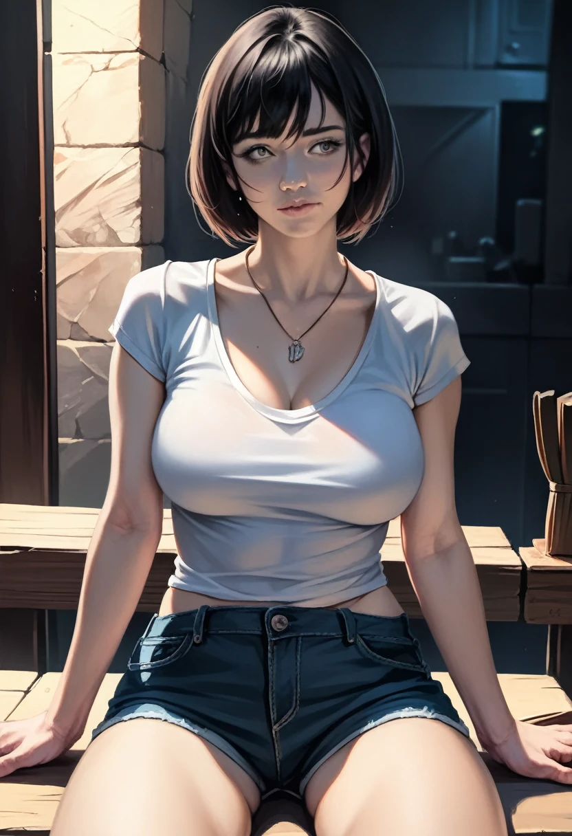 1girl,(medium breast:1.1),full body,sitting on men,short black hair,looking to men,necklace,18 years old girl,short t-shirt,(best quality,4k,8k,highres,masterpiece:1.2),ultra-detailed,(realistic,photorealistic,photo-realistic:1.37),portraits,vivid colors,cinematic lighting, No pant