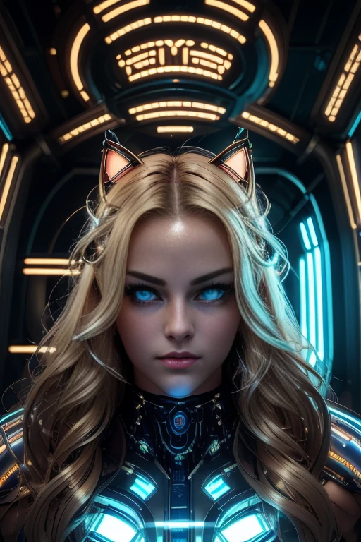 a cyberpunk beautiful blonde, futuristic cyborg beautiful blonde, mechanical beautiful blonde, metal beautiful blonde, robotic feline, intricate machinery, glowing eyes, neon lights, , dark moody atmosphere, dynamic composition, cinematic lighting, vibrant colors, digital art, 8k, high quality, masterpiece, photorealistic
