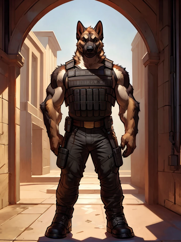 furry, anthro, black german shepherd:1.5, solo, average male, standing outside a prison:1.2, he is using a white cap a bulletproof vest and his pants are military:1.4, super detailed, detailed face, best art, 8k, vibrant, by snowskau:0.4, by taran fiddler:1.8, by RedRusker:1.8, art stile, 3D, halfbody,