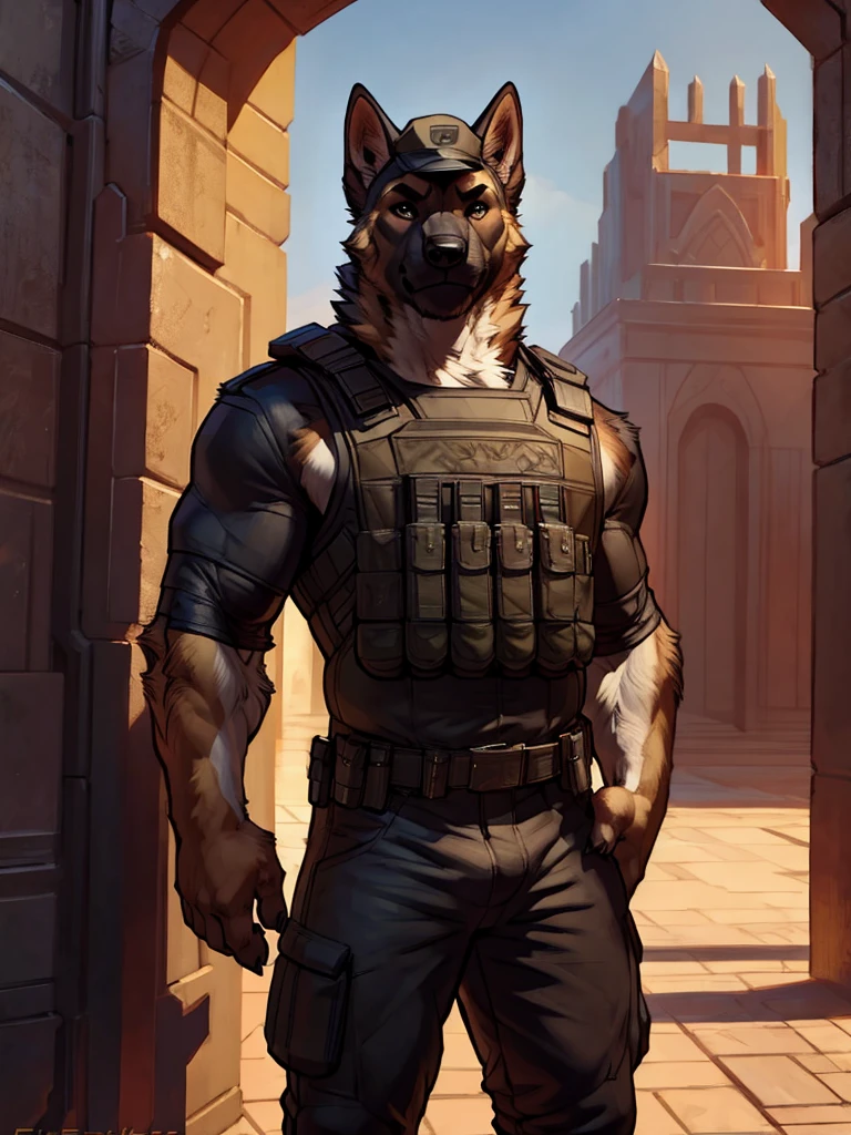 furry, anthro, black german shepherd:1.5, solo, average male, standing outside a prison:1.2, he is using a white cap a bulletproof vest and his pants are military:1.4, super detailed, detailed face, best art, 8k, vibrant, by snowskau:0.4, by taran fiddler:1.8, by RedRusker:1.8, art stile, 3D, halfbody,