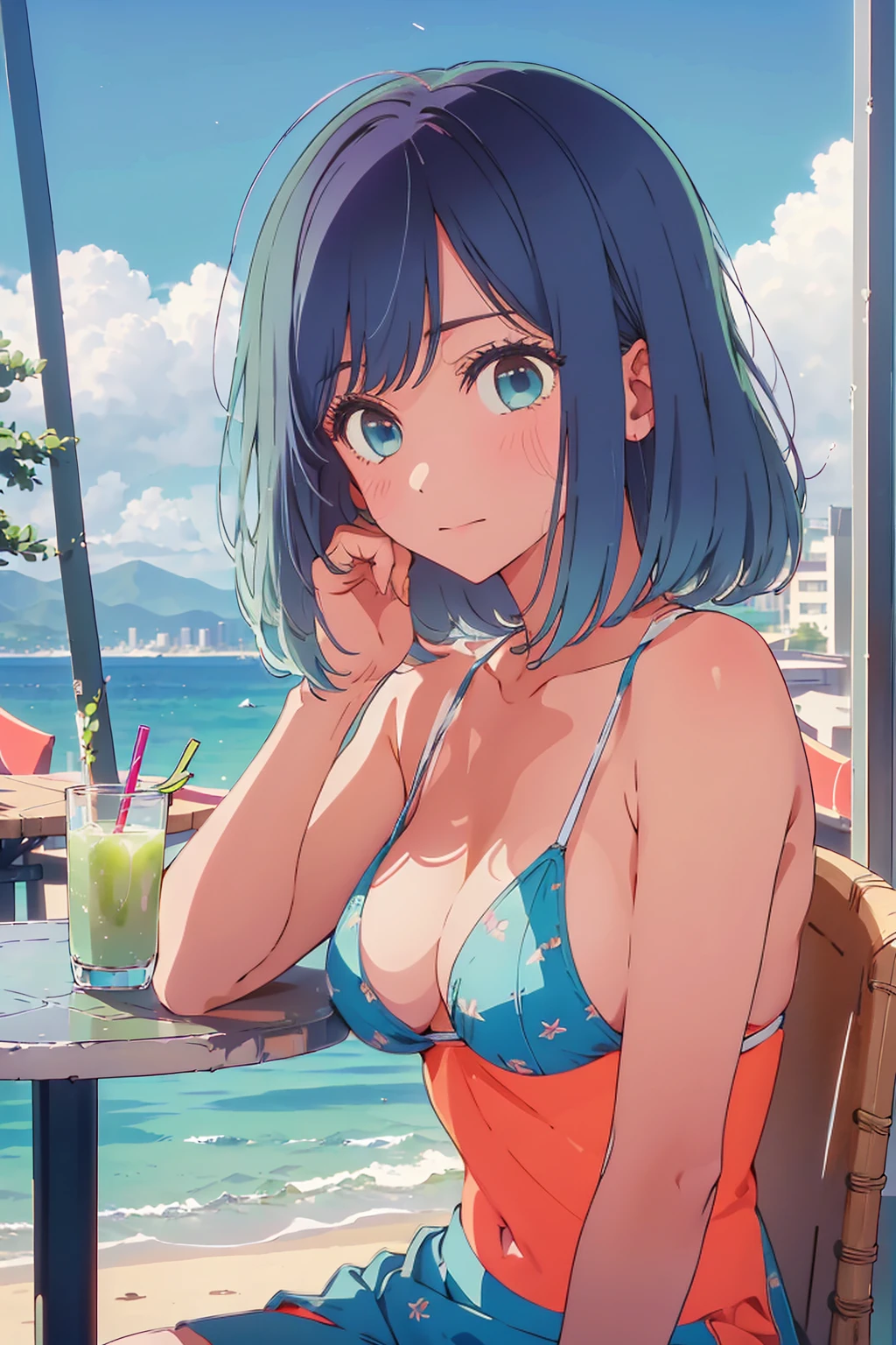 (Highest quality:1.4、8K:1.4、detailed)、F cup bust、Big Breasts、Slim body、Very white beautiful skin、((((1 person、Surprised expression、sit、Chair、In the background are the urban buildings of Tokyo、looking at the camera、Outdoor café terrace、coastal、Navy hair color、juice、Shooting up close、table、Very cute face))))、(Pose of putting hair behind ears with hands:1.4)、((nude、Areola))、bikini、Very blue sky、A completely cloudless sky