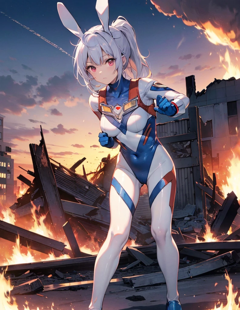(Close-up:1.3),Realistic,Highest quality, Ultra Detail, High-quality CG rendering, The most delicate and beautiful, Floating softly, High resolution, (1 giant girl), (Highest quality,4K,8K,masterpiece:1.2) ,Light purple hair,Rabbit,Bunny ears,ponytail,Red eyes,(Ultra Girl:1.0),(All blue Ultraman bodysuit:1.4),(All blue gloves:1.3),(All blue shoes:1.3), (Fighting Pose:1.2), (Are standing:1.3),(A city engulfed in flames:1.3),(Buildings in flames:1.3),(Burning Ruins:1.3)