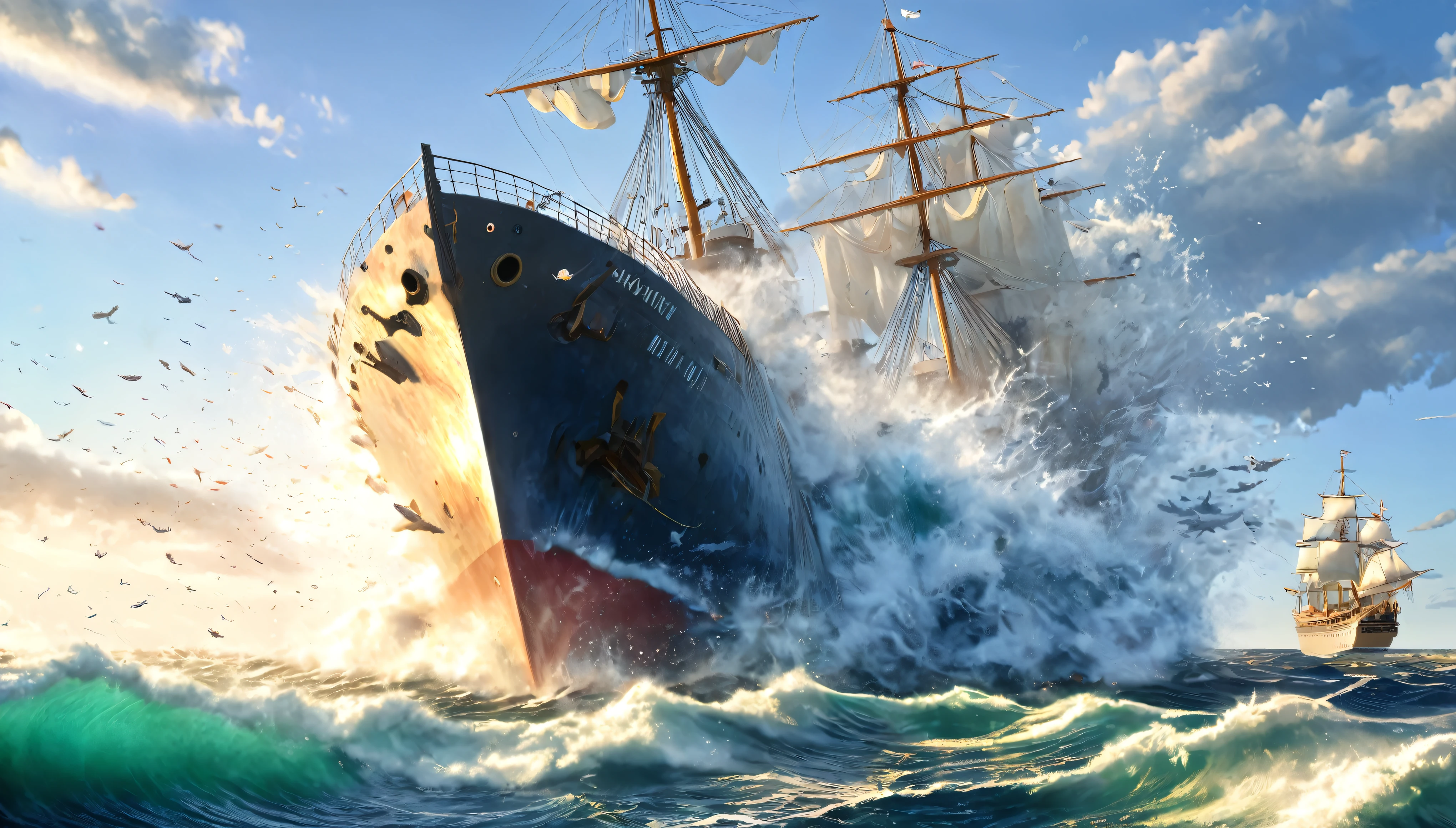 masterpiece, best quality, extremely detailed, hyperrealistic, photorealistic, sea, ship, splitting, destruction, sinking:1.2
