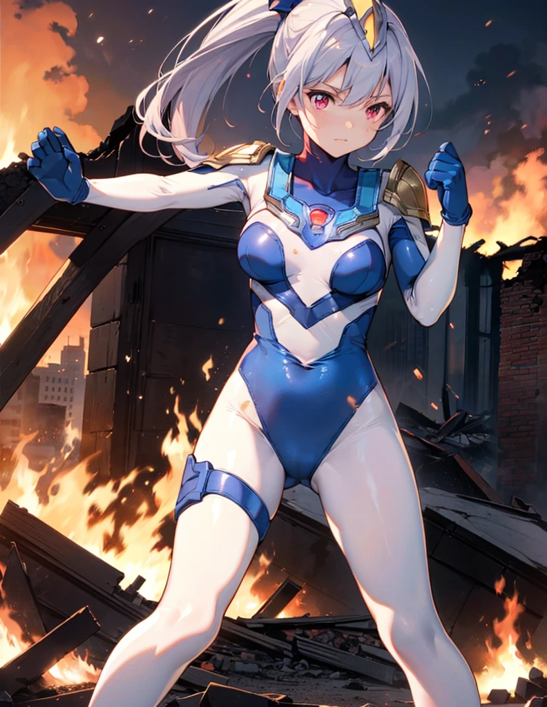 (Close-up:1.3),Realistic,Highest quality, Ultra Detail, High-quality CG rendering, The most delicate and beautiful, Floating softly, High resolution, (1 giant girl), (Highest quality,4K,8K,masterpiece:1.2) ,Light purple hair,Rabbit, ears,ponytail,Red eyes,(Ultra Girl:1.0),(All blue Ultraman :1.4),(All blue gloves:1.3),(All blue shoes:1.3), (Fighting Pose:1.2), (Are standing:1.3),(A city engulfed in flames:1.3),(Buildings in flames:1.3),(Burning Ruins:1.3)