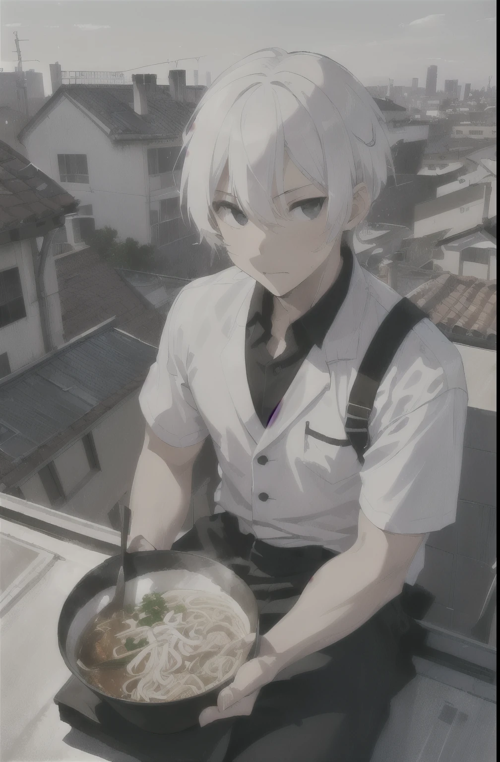 a guy with white hair on the school roof top, siting eating some ramen in his
black