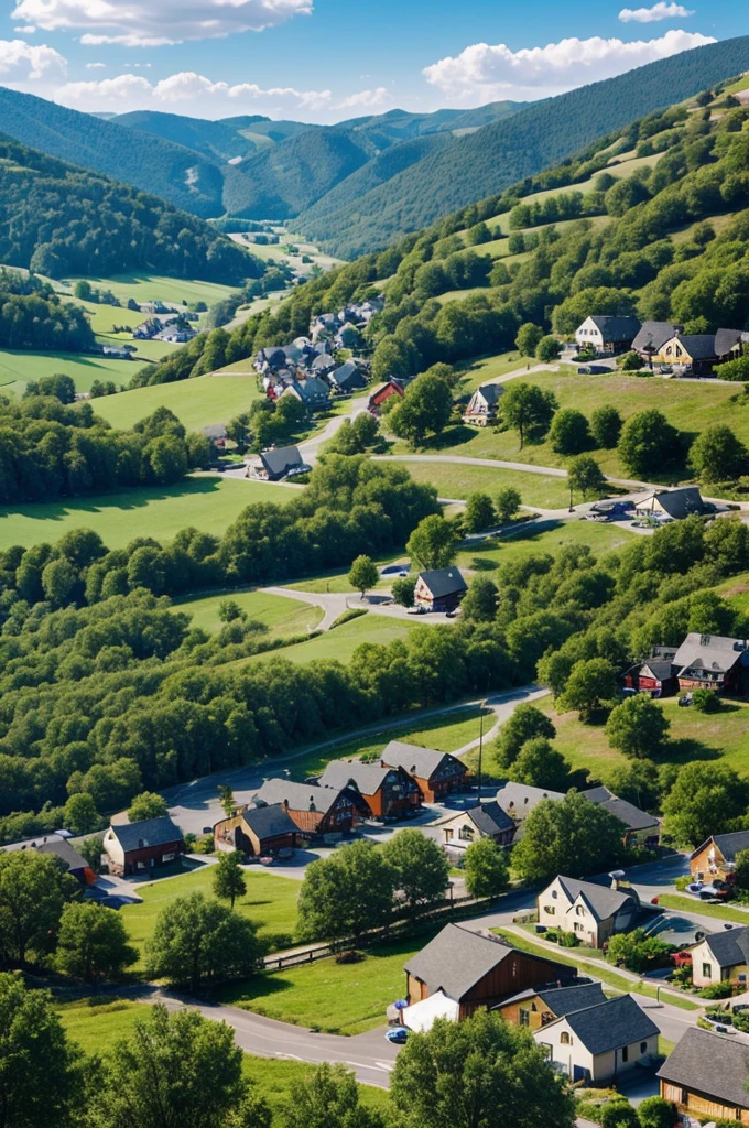 Generate an image of a cozy little town nestled between rolling hills and whispering trees."