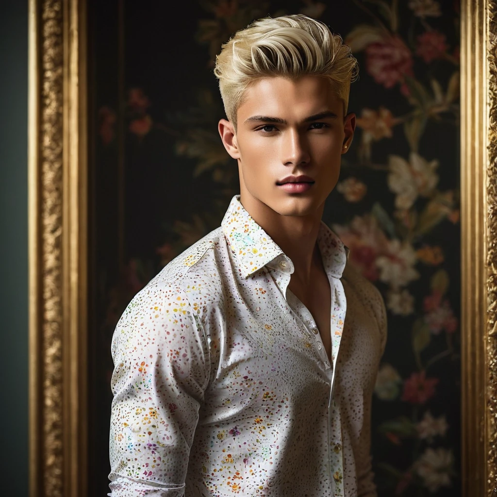 Candid Vogue fashion editorial shot of 2man mixed of male supermodel, 22 year old, short platinum blonde hair, masculine appearance with slender physique, symmetric face, natural olive skin tone, exudes youthfulness and athleticism, he is very photogenic, Position against an ornate dark background featuring a framed floral painting wallpaper to add depth and richness to the scene, (He wears a luxurious white and rainbow patterned shirt whit short pants), semi hard bulge, expression is serene and slightly introspective, with a soft confident gaze directed slightly off-camera, Utilize natural soft lighting streaming in from a window, casting gentle highlights and shadows that accentuate the contours of his face and the texture of his outfits, The light creates a warm intimate atmosphere with a golden tone that enhances his skin, The interplay of light and shadow adds depth and dimension to the scene, slightly blurred focus background, bringing into sharp clear detail while the rich tones of the background enhance the overall opulence of the image. Capture full-body short, dynamic angle, using a Canon EOS R7 and Sigma AF 85mm F1.4 EX DG HSM lens by Thomas Synnamon, Employ a shallow depth of field to focus on his face and body, Draw inspiration from high-fashion photographer, emphasize detail, texture and a sophisticated luxurious atmosphere, Emphasize the golden warm lighting and its effect on enhancing his features and the rich textures, creating a visually captivating and elegant portrait that exudes warmth and sophistication, The overall mood blend the classical elegance of the modern, high-fashion aesthetic, producing an image that feels both timeless and contemporary, raw photo, masterpiece, best quality, Correct body structure, Correct photo distance, LGBTQ,