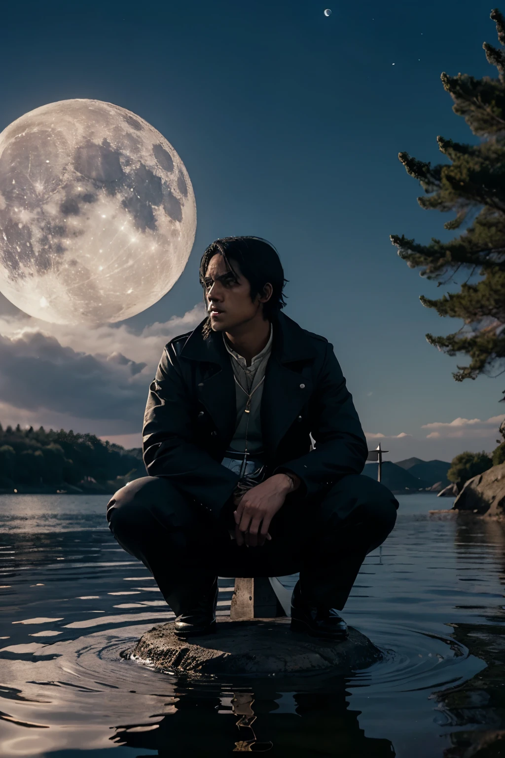 I want a character with black hair wearing a coat and crouching, leaning on his sword, floating on the water with the landscape of a large white moon 