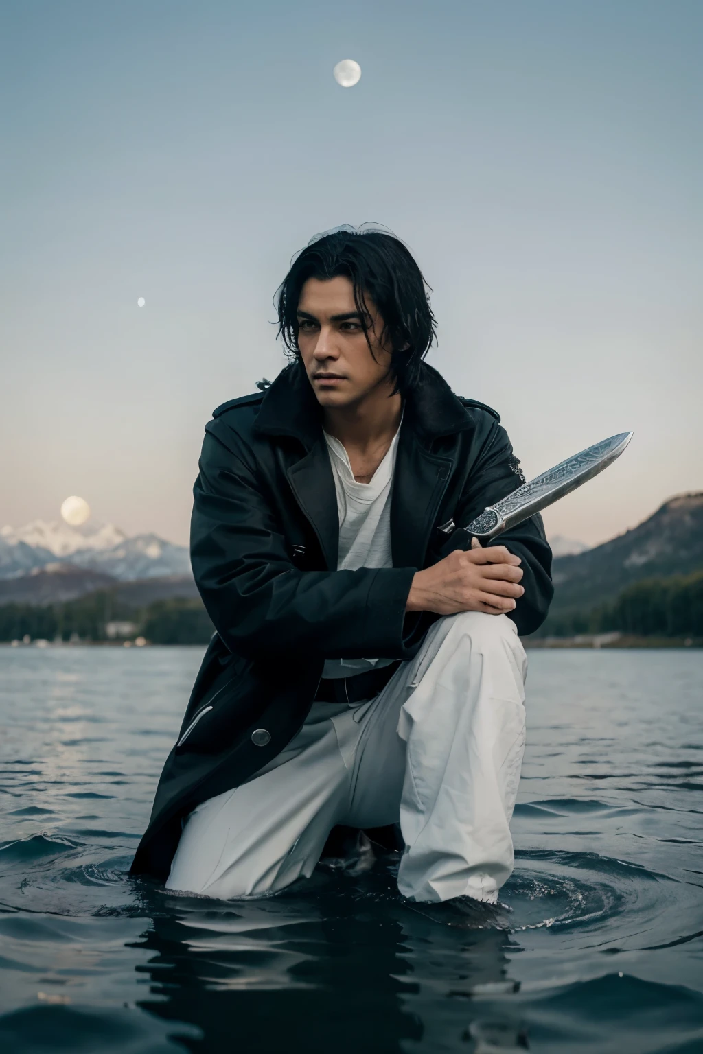 I want a character with black hair wearing a coat and crouching, leaning on his sword, floating on the water with the landscape of a large white moon