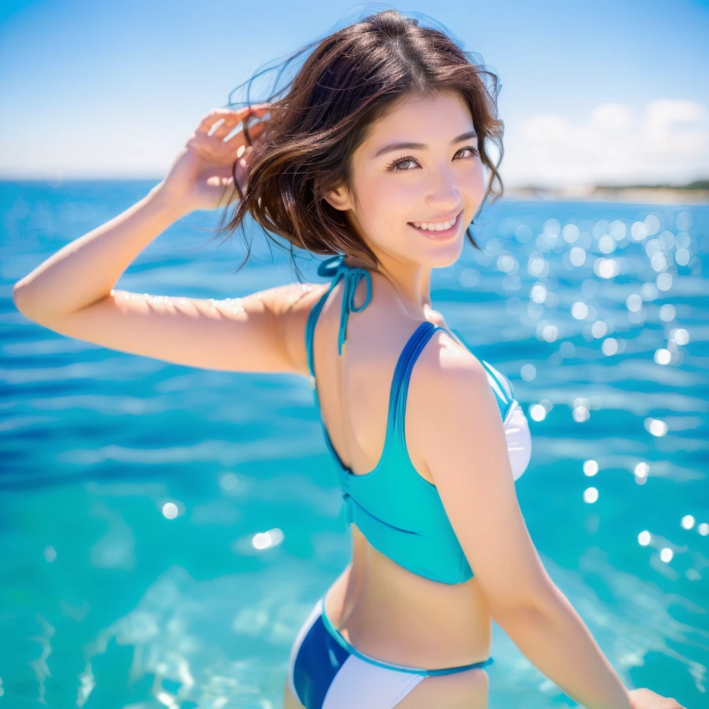 ((Highest quality, 8K, masterpiece: 1.3)), (Only 1 person:1.2), (whole body:1.3),Beautiful Japanese Women, Very realistic skin, Delicate eyes, Very well balanced body, 尻にSwimwearが食い込んでいる, Big eyes, Long eyelashes, double eyelid, smile, Swimwear, RAW Photos, Ocean Background