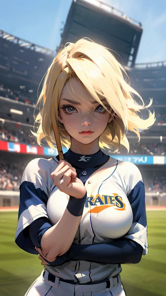 Baseball uniform、Upper Body、Stadium、Glare、Subjective、Large Breasts、Blonde。