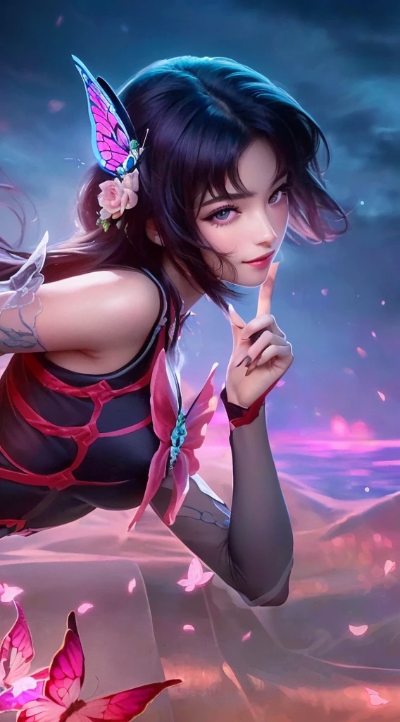 a close up of a girl with a butterfly on her head, butterfly on head, beautiful detailed eyes, beautiful detailed lips, sexy smile,extremely detailed eyes and face, long eyelashes, delicate features, serene expression, soft lighting, warm colors, cinematic, portrait, high quality, 8k, realistic, photorealistic