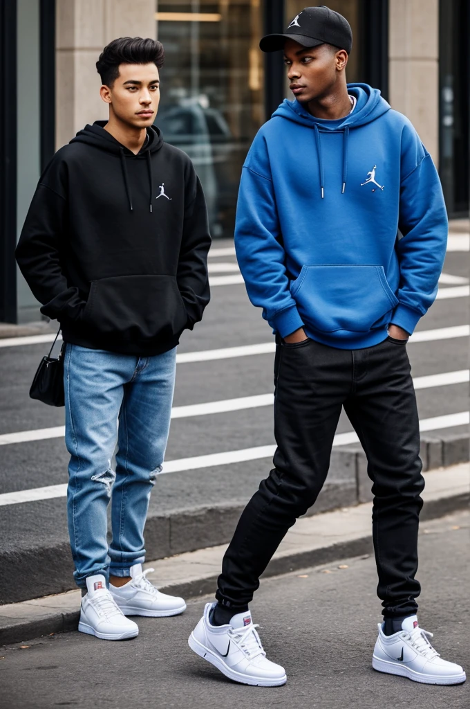 Generates a person with a blue sweatshirt, black jeans and Jordan 1 sneakers.