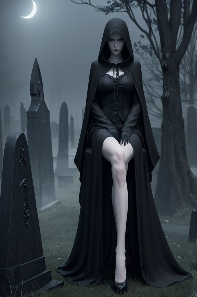 Grim Reaper girl, 20, pale skin, slender, wears black robe, hooded cloak, thigh-high stockings, long black hair, sitting on a tombstone in a misty enchanted graveyard, surrounded by eerie blue moonlight, holding a scythe, ominous, dark atmosphere, fantasy creatures lurking nearby. 3D render, photorealistic.