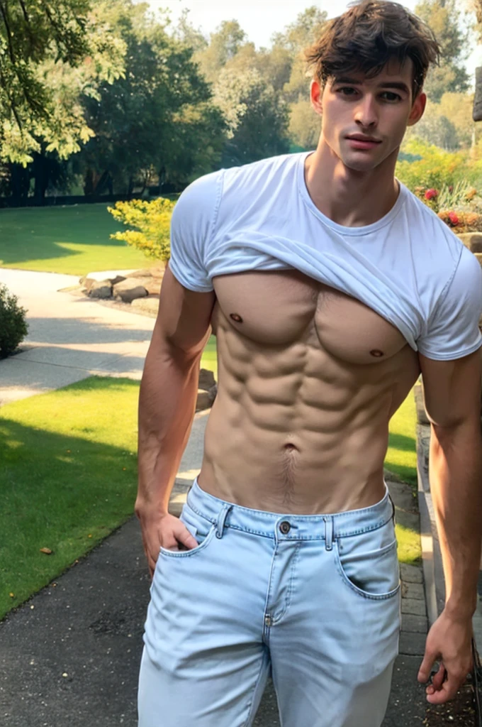 a handsome topless boy, masculine, realistic, upper_body, (masterpiece, best quality:1.2), darelljones, elegant pose, white shirt, blue jeans, outdoors, natural light,, (masterpiece,best quality:1.5)