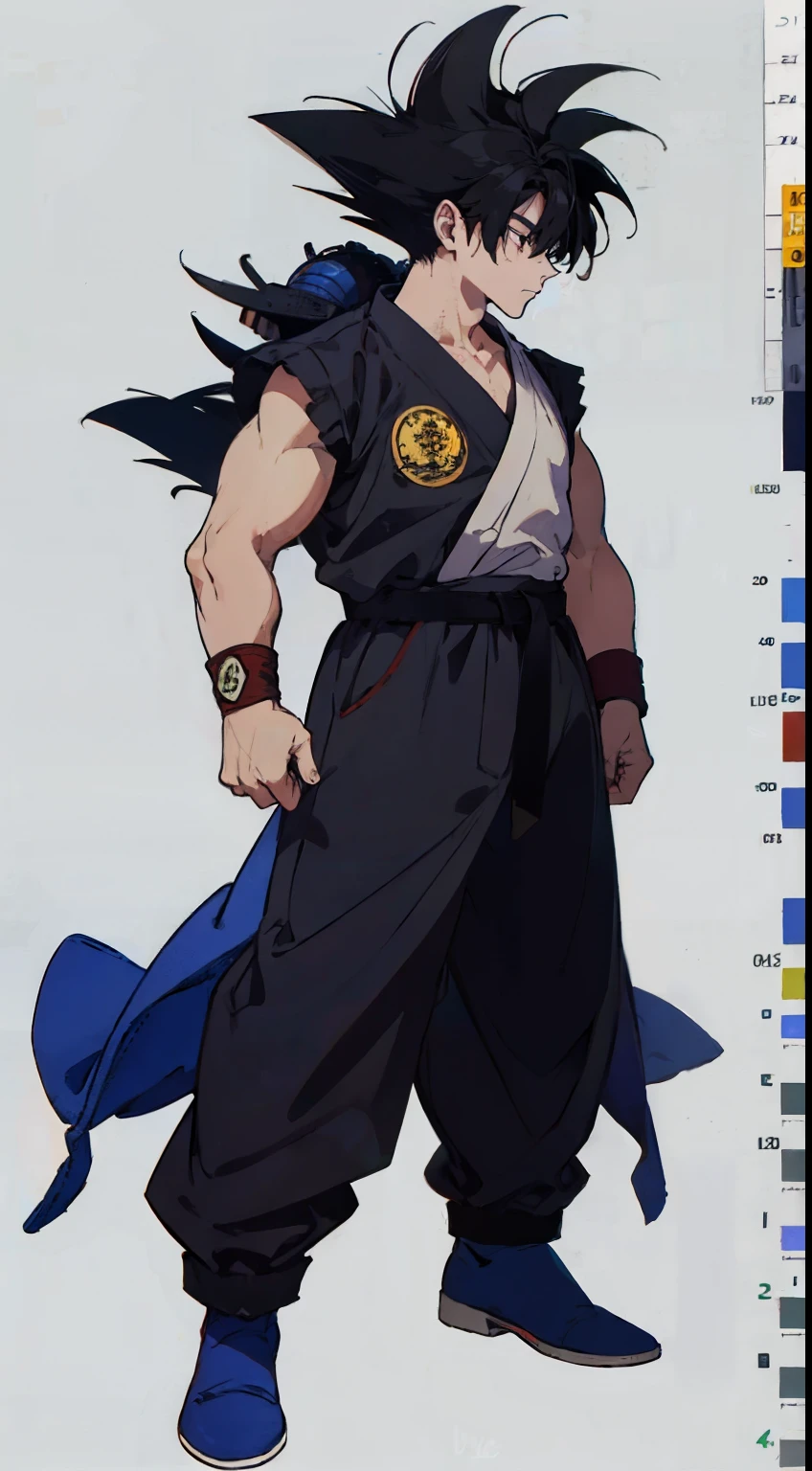 Multi view, front view, front view, side view, rear view, concept art, 1boy, male focus, solo, black hair, kim dokja look, orv character, full body, white background, two block hair, boots, exercise suit, standing, simple background, wristband, hands clenched, arms sides, super saiyan 1, belt, blue footwear