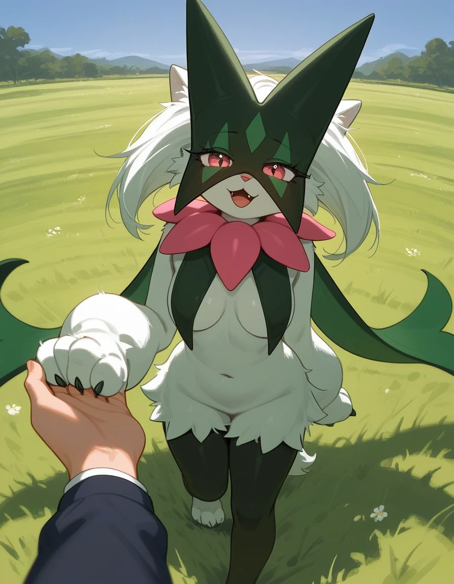 score_9,score_8_up,score_7_up, source_furry, meowscarada from Pokemon, tall slender body, furry body, eyes half open, medium breasts, :3, mouth open, bashful pose, hands behind her back, walking, outdoors on a grassy field, pov, pov hand holding, she is leading viewer,