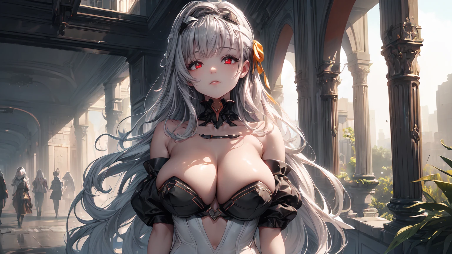 ((((Obra maestra, La mejor calidad, ultrahigh resolution)))), 1girl, standing, (cute maid costume), ((long pure silver hair and grey mesh hair, hair over eye)), long hair cut, pale skin, ((red eyes)), glowing_eyes, neon eyes, (ultra detailed eyes:0.7, beautiful and detailed face, detailed eyes:0.9), ((centered)), smile, ((wide shot)), facing viewer, ((vibrant background, bright lighting, summer, sunlight)), flat chested, looking at viewer, ((half closed eyes)), ((perfect hands)), (((head:1, arms, hips in view, elbows, arms, legs, in view))), ((hands behind back)), empty eyes, beautiful lighting, ((outside, outdoors)), defined subject, head tilt, (((gritty)), ((creepy)), ((cool)), ((beautiful)), (((SFW))),