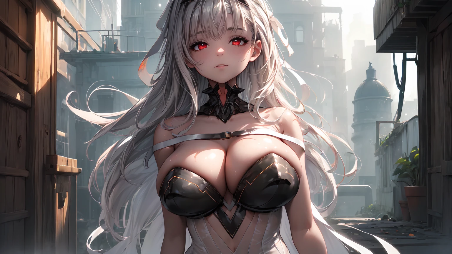 ((((Obra maestra, La mejor calidad, ultrahigh resolution)))), 1girl, standing, (cute maid costume), ((long pure silver hair and grey mesh hair, hair over eye)), long hair cut, pale skin, ((red eyes)), glowing_eyes, neon eyes, (ultra detailed eyes:0.7, beautiful and detailed face, detailed eyes:0.9), ((centered)), smile, ((wide shot)), facing viewer, ((vibrant background, bright lighting, summer, sunlight)), flat chested, looking at viewer, ((half closed eyes)), ((perfect hands)), (((head:1, arms, hips in view, elbows, arms, legs, in view))), ((hands behind back)), empty eyes, beautiful lighting, ((outside, outdoors)), defined subject, head tilt, (((gritty)), ((creepy)), ((cool)), ((beautiful)), (((SFW))),