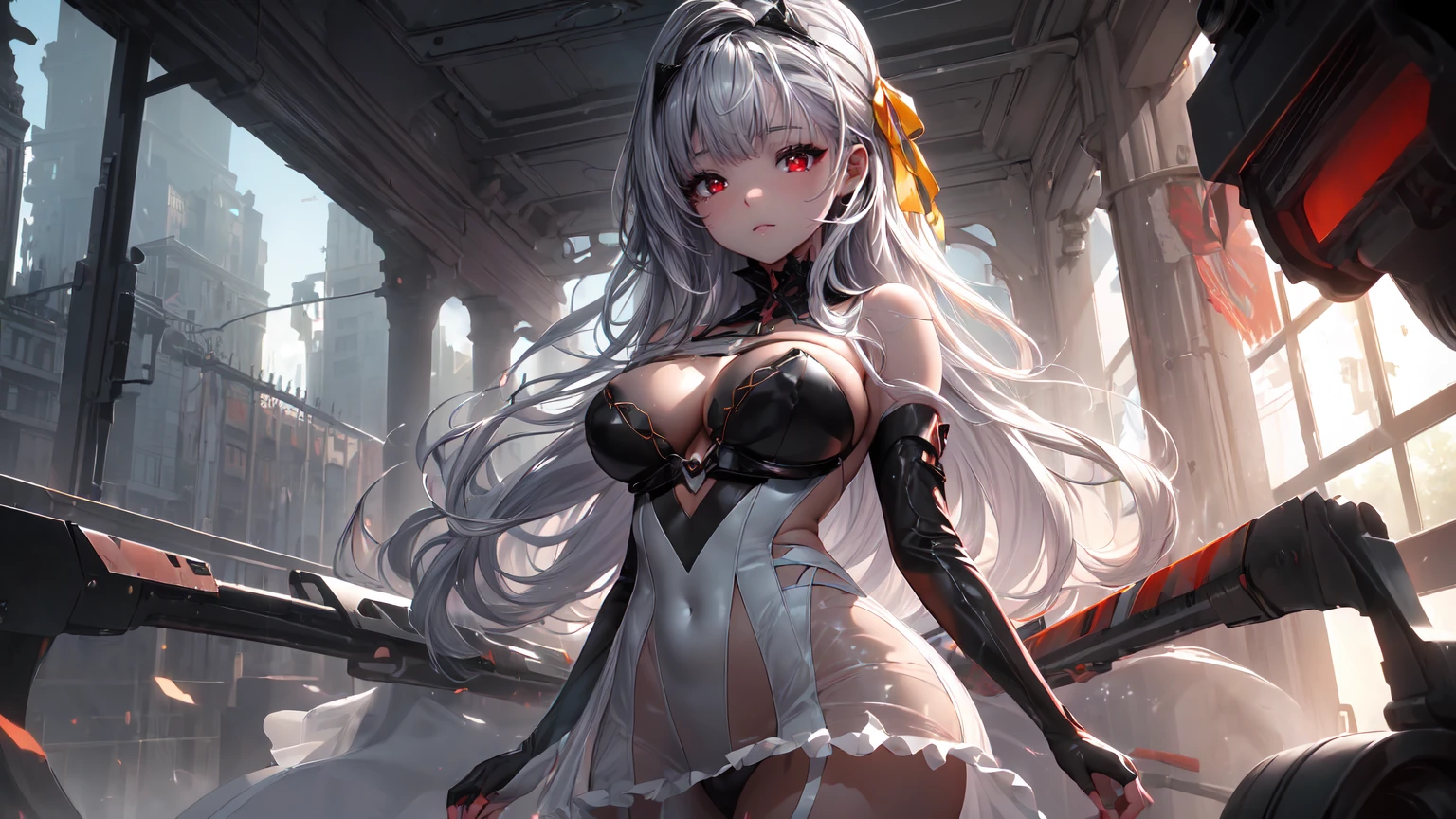 ((((Obra maestra, La mejor calidad, ultrahigh resolution)))), 1girl, standing, (cute maid costume), ((long pure silver hair and grey mesh hair, hair over eye)), long hair cut, pale skin, ((red eyes)), glowing_eyes, neon eyes, (ultra detailed eyes:0.7, beautiful and detailed face, detailed eyes:0.9), ((centered)), smile, ((wide shot)), facing viewer, ((vibrant background, bright lighting, summer, sunlight)), flat chested, looking at viewer, ((half closed eyes)), ((perfect hands)), (((head:1, arms, hips in view, elbows, arms, legs, in view))), ((hands behind back)), empty eyes, beautiful lighting, ((outside, outdoors)), defined subject, head tilt, (((gritty)), ((creepy)), ((cool)), ((beautiful)), (((SFW))),