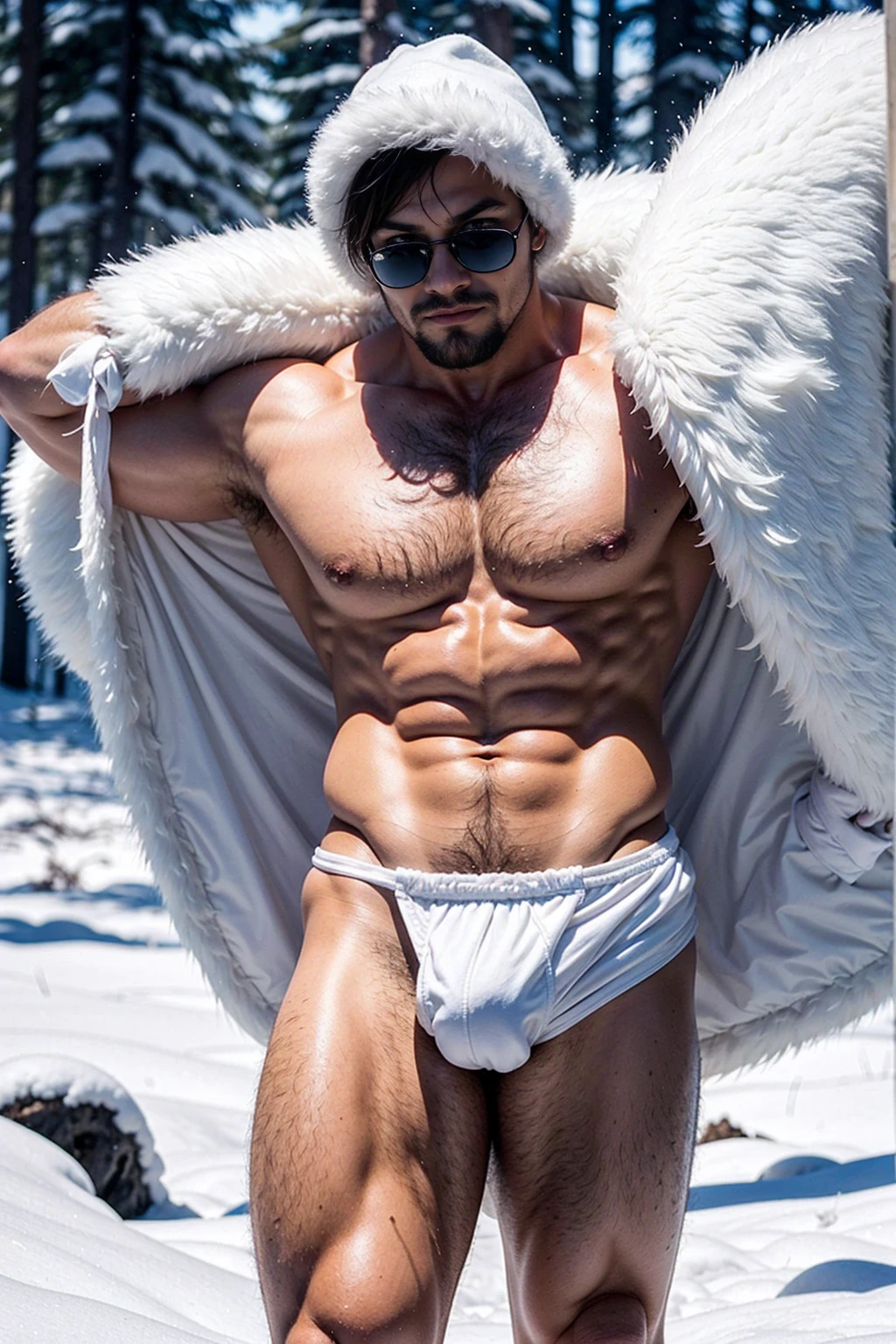 1 stocky shirtless Russian gay is standing with his legs and thighs opened and spread in the snow with wide landscape of snowfield , 1 man only, no other people, iceblocks and icelake and snow scene, he is wearing white fur gloves, fur woolen hat to cover snow , moustache, facial hair, white transparent thong bikini highlighting big bulge and big s, Wear knee-length fur shoes.,masculine and stocky, shirtless, handsome face with detailed facial features, shirtless and wearing nothing, correct accurate male anatomy,skinny boy body, muscle body,sport body, big muscle, Handsome face, wet oiled waxy shiny greasy muscles and skin, flawless white skin, masterpiece, professional DSLR shoot and retouching, illustration art, shadow, highlight, sharpness, depth of field, dessert and Russian snow field environment, sexyot gay erotic ration art, sexy and hot