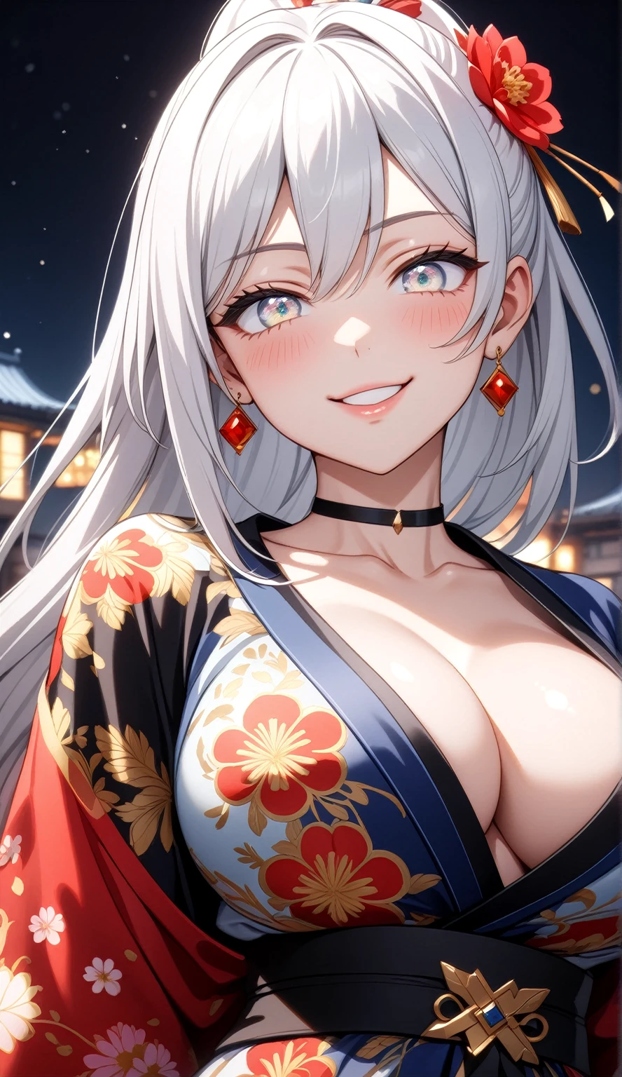 ((One personの女性)), Beautiful Face, head tilt, ((laugh)),((Wink:1.9)),((Touch your lips)), Laugh with your mouth wide open,((Bright red cheeks:1.4)),Shiny red lips,night,rooftop,You can see the ocean, firework,Laughing with your mouth open,Glossy pink lips, lighting,((Anime style background)),masterpiece, Highest quality, so beautiful,up to date, Complex details, (Pink long nails),(ring),(bracelet),(choker),AI-generated, Complex,High resolution, Highest quality, super high quality,3D Images、3D Images,One person,Long white hair,High Ponytail,(blue eyes),Anime woman posing for a photo, ((Narrow eyes、Silvery white colorful eyes、Shining Eyes:1.3)),(Squint your eyes:1.1),a hyperRealistic , hyperRealistic , Realistic,Anime woman with long white hair, Smooth anime CG art, A woman in a colorful kimono with gold embroidery, (Black long sleeve kimono),Red floral pattern,Long flower hair ornament,Earrings,Mature Body,(:1.1),expensive,Abdominal muscles,Tight waist,(Zoom up to face:1.7),Shooting from diagonally below