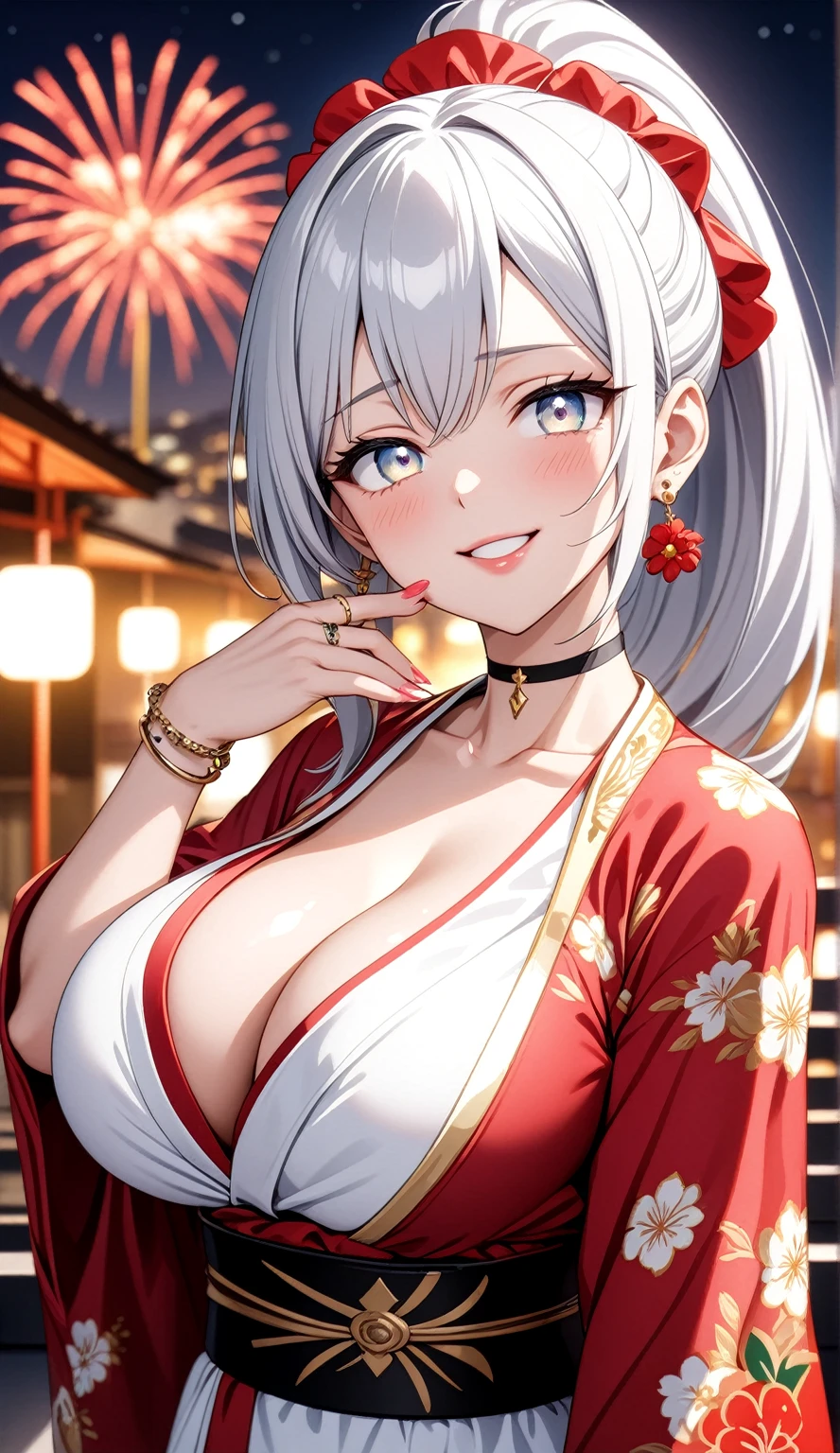 ((One personの女性)), Beautiful Face, head tilt, ((laugh)),((Wink:1.9)),((Touch your lips)), Laugh with your mouth wide open,((Bright red cheeks:1.4)),Shiny red lips,night,rooftop,You can see the ocean, firework,Laughing with your mouth open,Glossy pink lips,Facial lighting,((Anime style background)),masterpiece, Highest quality, so beautiful,up to date, Complex details, (Pink long nails),(ring),(bracelet),(choker),AI-generated, Complex,High resolution, Highest quality, super high quality,3D Images、3D Images,One person,Long white hair,High Ponytail,(blue eyes),Anime woman posing for a photo, ((Narrow eyes、Silvery white colorful eyes、Shining Eyes:1.3)),(Squint your eyes:1.1),a hyperRealistic , hyperRealistic , Realistic,Anime woman with long white hair, Smooth anime CG art, A woman in a colorful kimono with gold embroidery, (Black long sleeve kimono),Red floral pattern,Long flower hair ornament,Earrings,Mature Body,(Big Breasts:1.1),expensive,Abdominal muscles,Tight waist,(Zoom up to face:1.7),Shooting from diagonally below