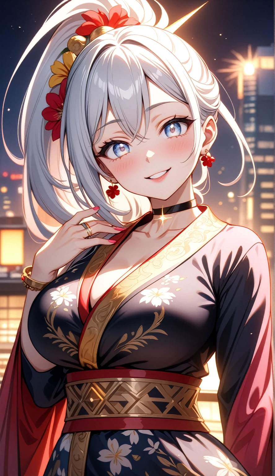 ((One personの女性)), Beautiful Face, head tilt, ((laugh)),((Wink:1.9)),((Touch your lips)), Laugh with your mouth wide open,((Bright red cheeks:1.4)),Shiny red lips,night,rooftop,You can see the ocean, firework,Laughing with your mouth open,Glossy pink lips, lighting,((Anime style background)),masterpiece, Highest quality, so beautiful,up to date, Complex details, (Pink long nails),(ring),(bracelet),(choker),AI-generated, Complex,High resolution, Highest quality, super high quality,3D Images、3D Images,One person,Long white hair,High Ponytail,(blue eyes),Anime woman posing for a photo, ((Narrow eyes、Silvery white colorful eyes、Shining Eyes:1.3)),(Squint your eyes:1.1),a hyperRealistic , hyperRealistic , Realistic,Anime woman with long white hair, Smooth anime CG art, A woman in a colorful kimono with gold embroidery, (Black long sleeve kimono),Red floral pattern,Long flower hair ornament,Earrings,Mature Body,(:1.1),expensive,Abdominal muscles,Tight waist,(Zoom up to face:1.7),Shooting from diagonally below