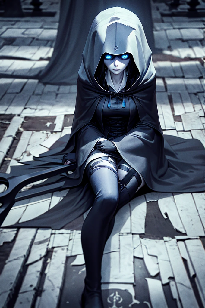 Grim Reaper girl, 20, pale skin, slender, wears black robe, hooded cloak, thigh-high stockings, long black hair, sitting on a tombstone in a misty enchanted graveyard, surrounded by eerie blue moonlight, holding a scythe, ominous, dark atmosphere, fantasy creatures lurking nearby. 3D render, photorealistic.