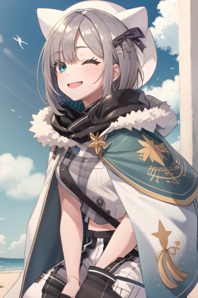 (masterpiece, Highest quality:1.2), Cowboy Shot, alone, One girl, Sumire Kaga, Virtual YouTuber, smile, Mouth closed, View your viewers, short hair, hair ornaments, White Hat, shirt, Capelet, scarf,squat,pants