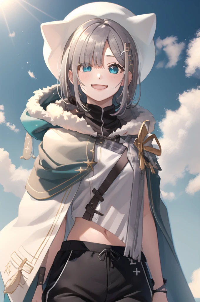 (masterpiece, Highest quality:1.2), Cowboy Shot, alone, One girl, Sumire Kaga, Virtual YouTuber, smile, Mouth closed, View your viewers, short hair, hair ornaments, White Hat, shirt, Capelet, scarf,squat,pants