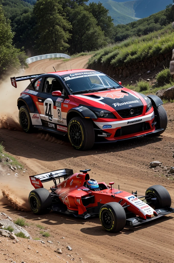 Cars overcrosss with amazing thrusters in mountain racing with F1 car off road