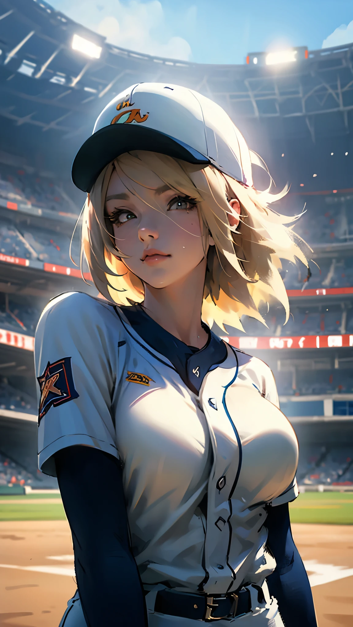 Baseball uniform、Upper Body、Stadium、Glare、Subjective、Large Breasts、Blonde。