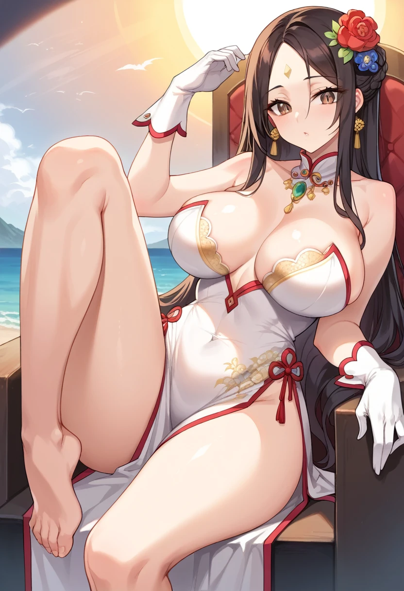 (((best quality))), ((ultra-detailed)), ((an extremely delicate and beautiful)), ((16k)), realistic, hd, cgi, gleaming hair, gleaming skin, gleaming dress, Character focus, solo, sitting down pose on a high throne, strong light coming in, sharp focus, illustration, game cg, anime, solo, curvy, (big breasts:1.3), forehead, ( white gold lining Chinese Lace Up Cheongsam Open Chest Bodycon Dress High Slit Qipao mini), faste collarbone, (belly:0.9), looking at the viewer, ocean, flower hair ornament, accessories, backlighting, shiny skin, shiny body, chibi, gloves, necklace, jewellery, black-brown hair, bead necklace, red faded into black colored hair, brown eyes, long hair, black bunny ears, red ombre hair, red-black hair, more yellow hair streaks, smaller dress, mommy goddess, thighs, looking down at the viewer, bare feet directed at the viewer, goddess, female dominance, mean look