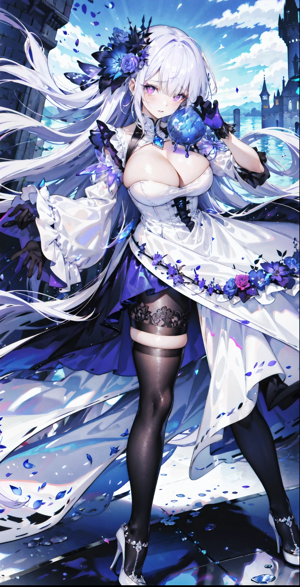 ((masterpiece:1.4,best quality)),(Super detailed),(Extremely detailed eyes),(Shiny socks:1.5),Hello Darkness
(Cute girls),,(Blood-red pupils,Diamond-shaped pupil:1.15),Purple Eyeshadow,(elongated hair,Thick hair,Single ponytail,shiny hair:1.5)(Changes through:1.2),despair,sad,Empty eyes,tears streaming down my face,tilting its head to the side,
(She wore a blue dress,:1.5),(Black gloves:1.4)Very long plush sleeves,White,White Cloud,Dream bubbles ,Ice and glitter effects
(Black long skirt:1.1),
((Starry Sky:1.2)),
(Intense black and white:1.16),(Depth of Field:1.4),,Intricate details,(((Detailed background,Castle in the Sky,Purple flowers by the lake))),(((Huge breasts,Bare breasts,Deep cleavage,White stiletto high heels,Transparent clothes)))