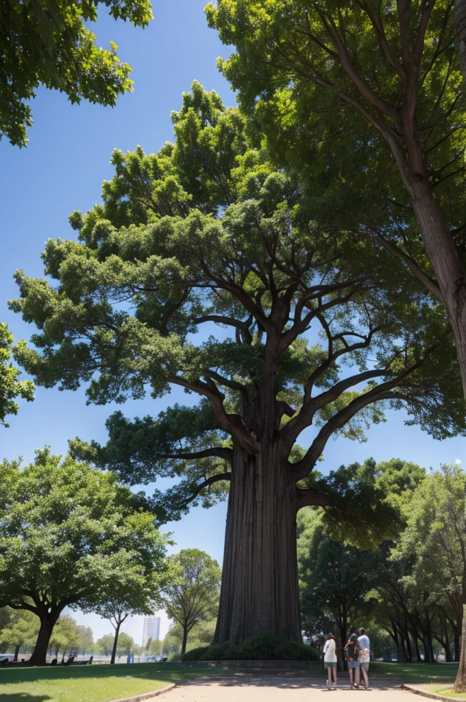 There is a big tree in the park，there are many people，Taking pictures of trees with mobile phone