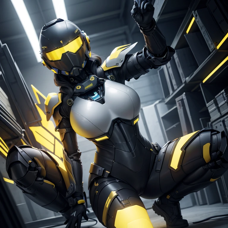 (masterpiece), (best quality), (high res) Solo, (perfect anatomy) Dronificated unknown woman , (enclosed gray full body heavy armor), (yellow lights), (yellow circular glowing core in the chest), (enclosed cyber helmet), mechanical wings, (yellow screen), huge breast, narrow waist, wide hips, thick thighs, in a storage, (no face) no face, no hair, no mouth, no eyes, in a factory