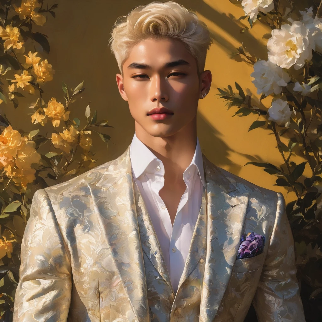 Candid Vogue fashion editorial shot of mixed of Asian male supermodel, 22 year old, short platinum blonde hair, masculine appearance with slender physique, symmetric face, natural olive skin tone, exudes youthfulness and athleticism, he is very photogenic, Position against an ornate dark background featuring a framed floral painting wallpaper to add depth and richness to the scene, (He wears a luxurious white and rainbow patterned suit whit short pants), semi hard bulge, expression is serene and slightly introspective, with a soft confident gaze directed slightly off-camera, Utilize natural soft lighting streaming in from a window, casting gentle highlights and shadows that accentuate the contours of his face and the texture of his outfits, The light creates a warm intimate atmosphere with a golden tone that enhances his skin, The interplay of light and shadow adds depth and dimension to the scene, slightly blurred focus background, bringing into sharp clear detail while the rich tones of the background enhance the overall opulence of the image. Capture full-body short, dynamic angle, using a Canon EOS R7 and Sigma AF 85mm F1.4 EX DG HSM lens by Thomas Synnamon, Employ a shallow depth of field to focus on his face and body, Draw inspiration from high-fashion photographer, emphasize detail, texture and a sophisticated luxurious atmosphere, Emphasize the golden warm lighting and its effect on enhancing his features and the rich textures, creating a visually captivating and elegant portrait that exudes warmth and sophistication, The overall mood blend the classical elegance of the modern, high-fashion aesthetic, producing an image that feels both timeless and contemporary, raw photo, masterpiece, best quality, Correct body structure, Correct photo distance, LGBTQ,