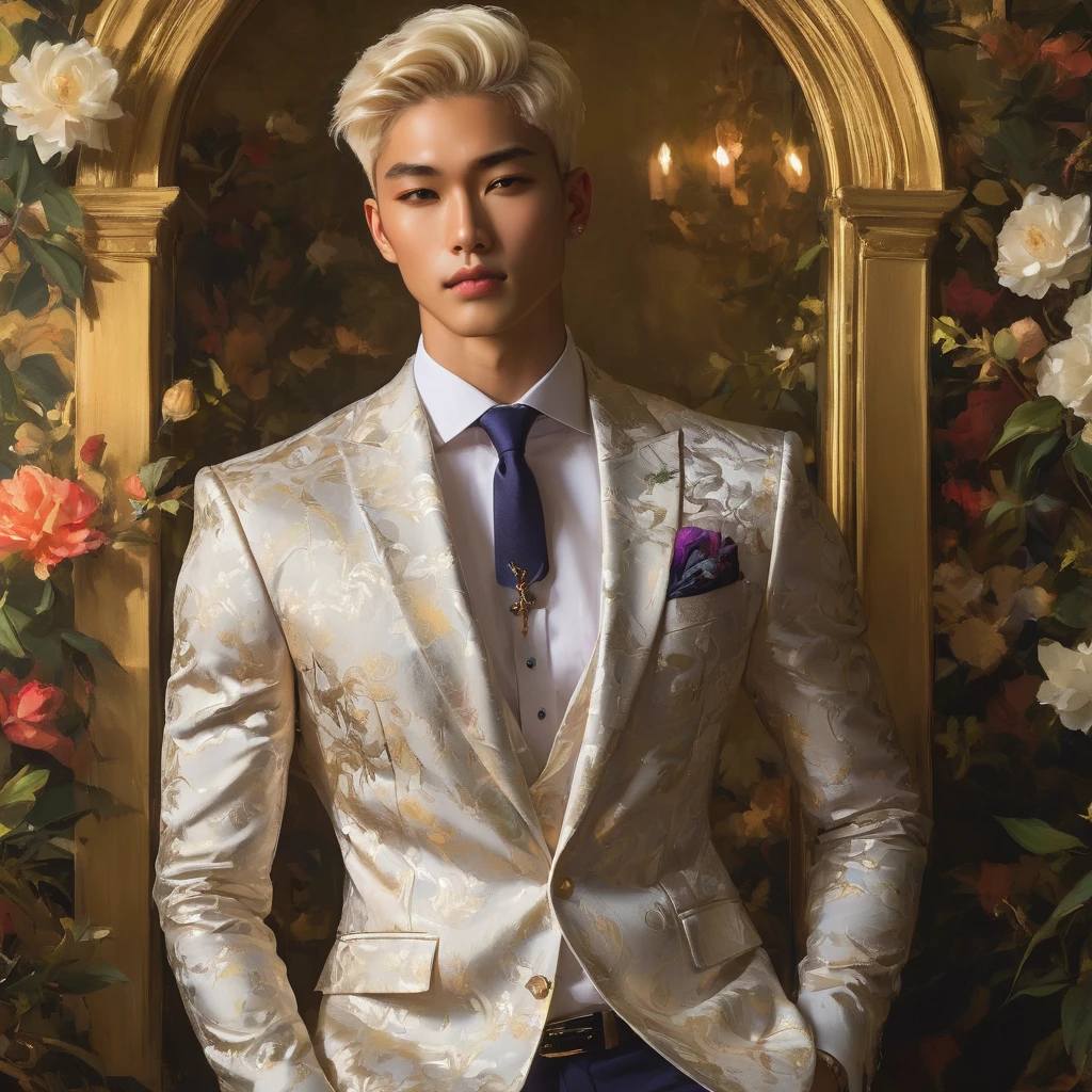 Candid Vogue fashion editorial shot of mixed of Asian male supermodel, 22 year old, short platinum blonde hair, masculine appearance with slender physique, symmetric face, natural olive skin tone, exudes youthfulness and athleticism, he is very photogenic, Position against an ornate dark background featuring a framed floral painting wallpaper to add depth and richness to the scene, (He wears a luxurious white and rainbow patterned suit whit short pants), semi hard bulge, expression is serene and slightly introspective, with a soft confident gaze directed slightly off-camera, Utilize natural soft lighting streaming in from a window, casting gentle highlights and shadows that accentuate the contours of his face and the texture of his outfits, The light creates a warm intimate atmosphere with a golden tone that enhances his skin, The interplay of light and shadow adds depth and dimension to the scene, slightly blurred focus background, bringing into sharp clear detail while the rich tones of the background enhance the overall opulence of the image. Capture full-body short, dynamic angle, using a Canon EOS R7 and Sigma AF 85mm F1.4 EX DG HSM lens by Thomas Synnamon, Employ a shallow depth of field to focus on his face and body, Draw inspiration from high-fashion photographer, emphasize detail, texture and a sophisticated luxurious atmosphere, Emphasize the golden warm lighting and its effect on enhancing his features and the rich textures, creating a visually captivating and elegant portrait that exudes warmth and sophistication, The overall mood blend the classical elegance of the modern, high-fashion aesthetic, producing an image that feels both timeless and contemporary, raw photo, masterpiece, best quality, Correct body structure, Correct photo distance, LGBTQ,