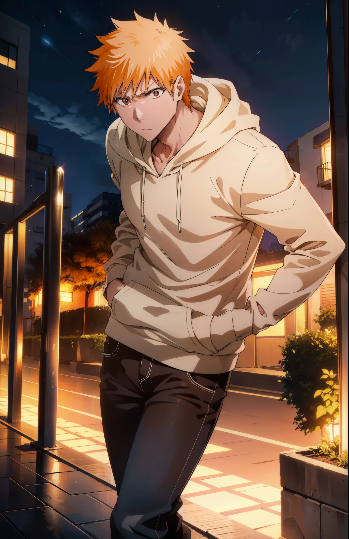 Ichigokurosaki, Ichigo Kurosaki, short hair, Orange Hair, Spiked Hair, (Brown eyes:1.5),
Oversized black hoodie,jeans,White sneakers,Walking,whole bodyがイラストに入るように,Daytime,Cold Sky, He has his hands in his hoodie pockets.,
break looking at viewer, whole body,
break outdoors, Building district,
break (masterpiece:1.2), Highest quality, High resolution, unity 8k wallpaper, (figure:0.8), (Beautiful attention to detail:1.6), Highly detailed face, Perfect lighting, Highly detailed CG, (Perfect hands, Perfect Anatomy),