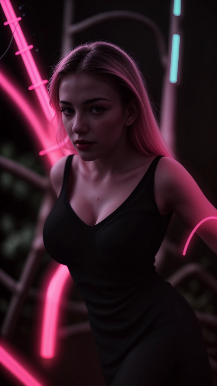 Fine art photograph of a blonde curvy girl (very busty, very pale skin(porcelain skin), in a dark forest, the blonde woman dressed in lack attire, stands amidst of ancient tree(their branches reaching, towards the sky). Her hands are holding(and touching)the glowing(Strong Neon-lights)-heart of the forest. Strong neon-lights illuminates her face(highlighting her pink-eyes. and bold pink-lips(heart-shaping lips)). Smirk face-expression. A subtle haze and a soft focus in the background. (((the image is in (Glowing Neon-lights colors, accent in black)colors theme)))
